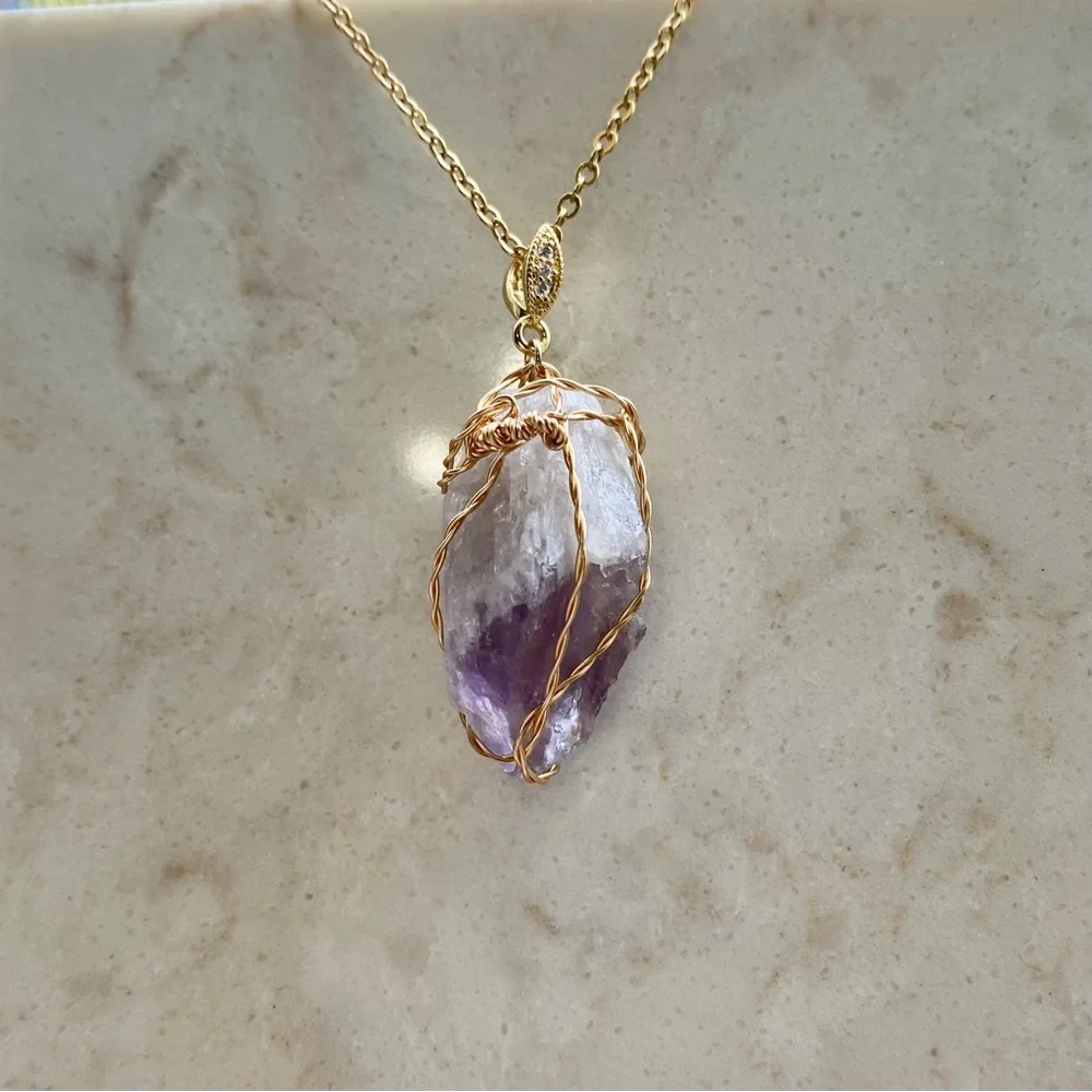 Natural Brazilian Amethyst Crystal  Gold Wire Wrapped necklace P35